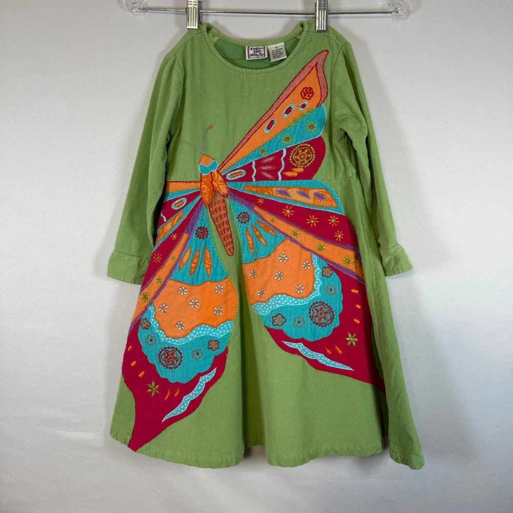 Cotton‎ Kids Green Butterfly Corduroy Long Sleeve Dress Girls Size 5